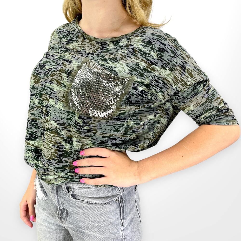 00s MADIGAN Vintage Green Spade Dye Sequin Pocket T-Shirt